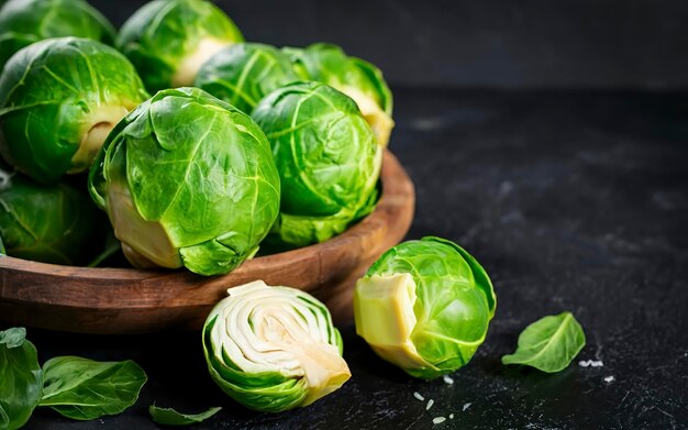 Fresh Brussels cabbage in a wooden plate On a black background