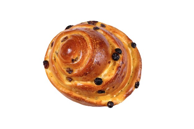 Fresh bun with raisins isolated on a white background