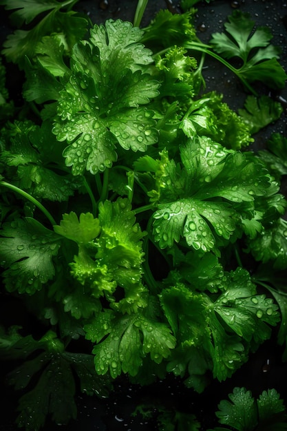 Fresh bunch of Cilantro seamless background adorned with glistening droplets of water