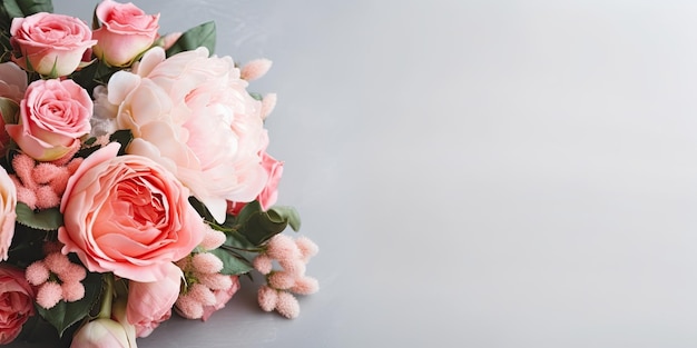 Fresh bunch of pink peonies and roses with copy space