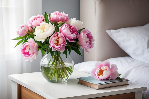 Fresh bunch of pink and white peonies in the vase on the bedside table Card Concept