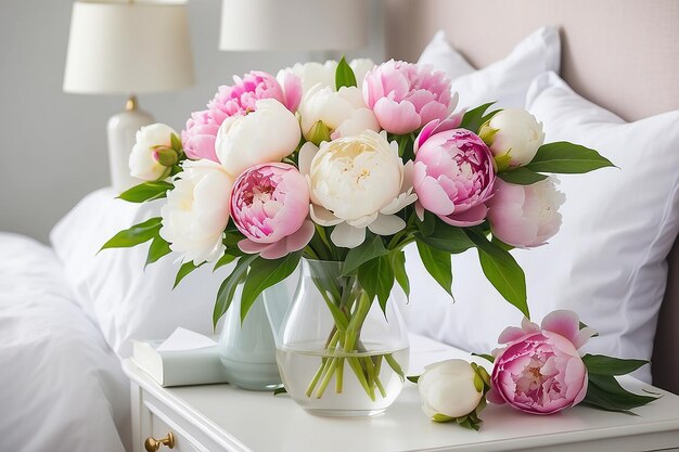 Fresh bunch of pink and white peonies in the vase on the bedside table Card Concept