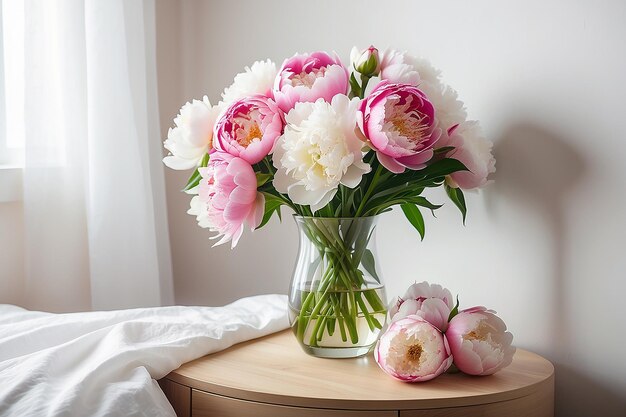 Fresh bunch of pink and white peonies in the vase on the bedside table Card Concept