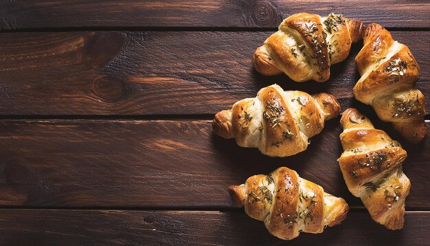 写真 木製のテーブルの上にタマネギとハーブの新鮮なパン美味しい食べ物自家製のパン屋焼き物