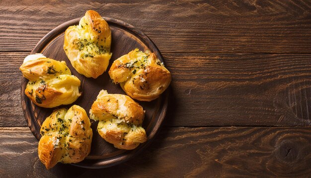 木製のテーブルの上にタマネギとハーブの新鮮なパン美味しい食べ物自家製のパン屋焼き物