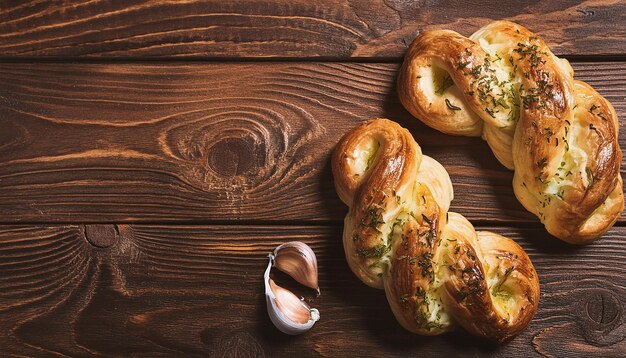 Photo fresh buns with garlic and herbs on wooden table tasty food homemade bakery baked goods