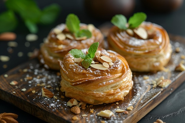 Photo fresh buns with powdered sugar almond petals and garnished with mint leaves