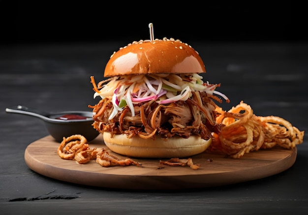 Fresh burger setting with wood round cutting board