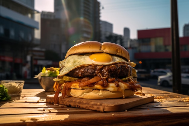 Fresh Burger with melted cheddar cheese and bacon on a gray surface