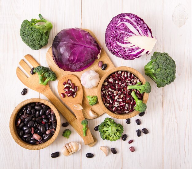 Fresh cabbage, broccoli, garlic and kidney beans.