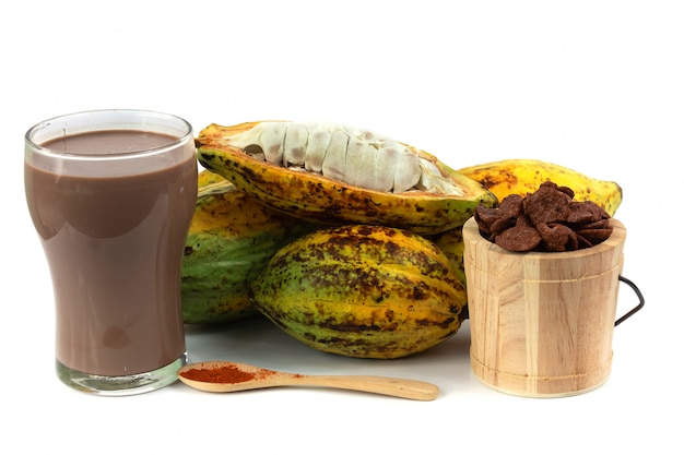 Fresh cacao fruit with cocoa crunch (Products Production from cacao)