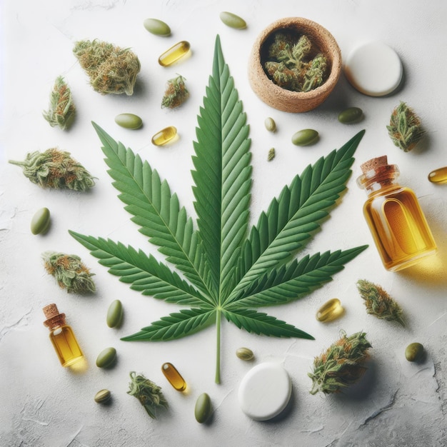 a fresh cannabidiol leaf on clean white blurred lab background