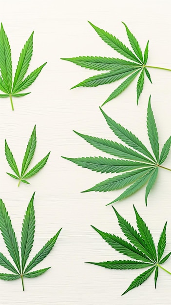 新鮮な大麻の葉が上から下へ平らに並べられ 垂直のモバイル壁紙