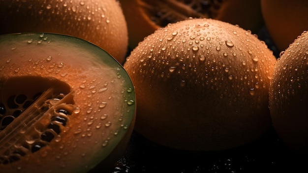 Fresh cantaloupe with water splashes and drops on black background