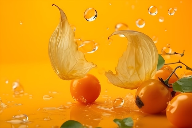 Fresh cape gooseberries flying with water splashes on bright color background
