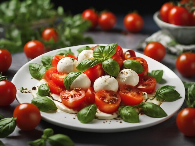 Fresh Caprese Salad with Cherry Tomatoes and Organic Vegetables on a Plate