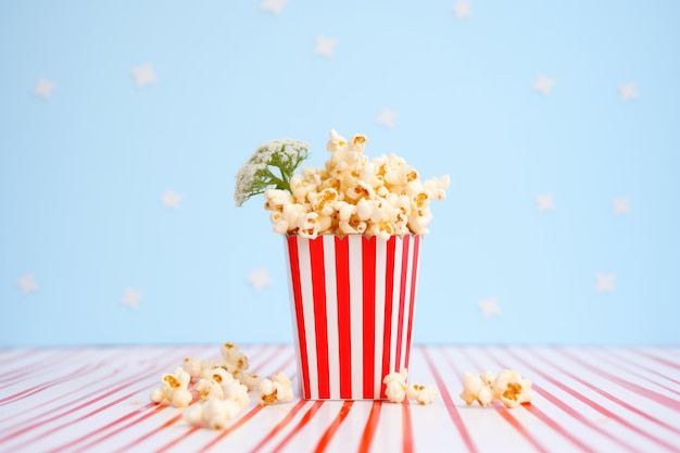 Fresh caramel popcorn in a red and white striped box