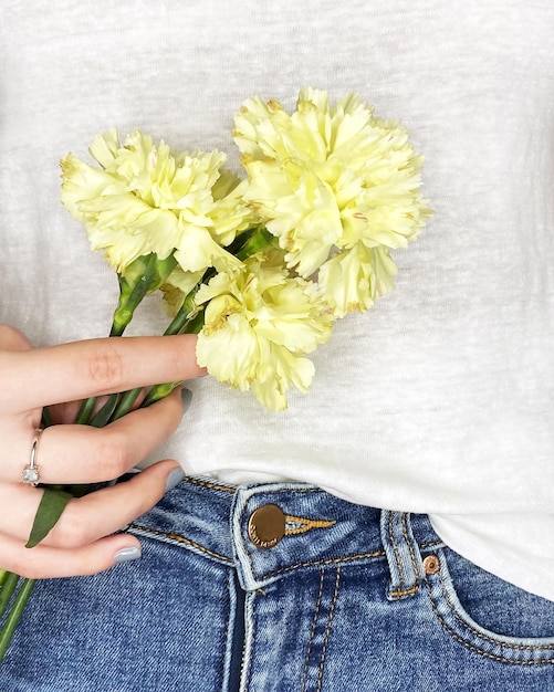 Fresh carnations in a hand on a white background