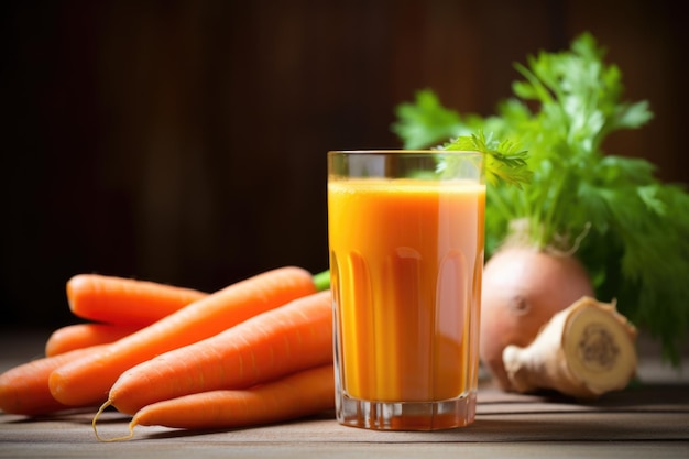 Fresh carrot in front of a glass of freshly squeezed juice