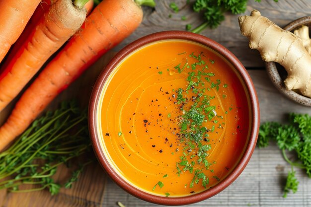 Fresh carrot and ginger soup with parsley garnish