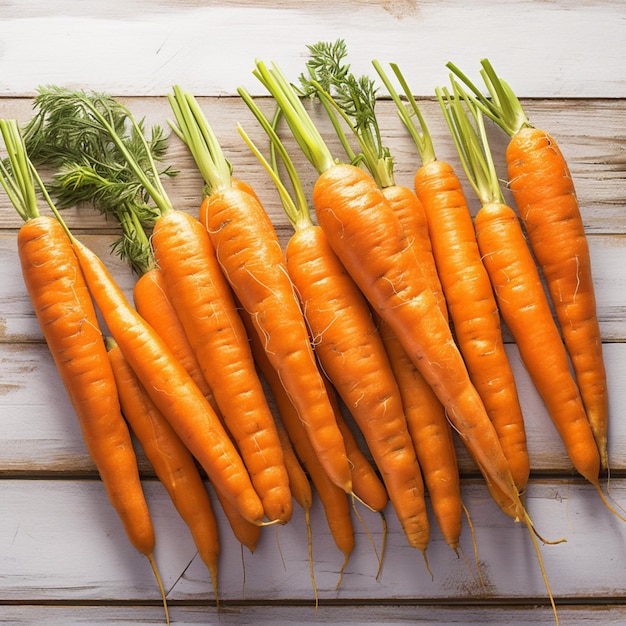 Свежий урожай моркови, расположенный в привлекательную кучу на деревянном столе для социальных сетей