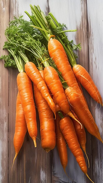 Fresh carrot harvest arranged in an appealing bunch on wooden table Vertical Mobile Wallpaper