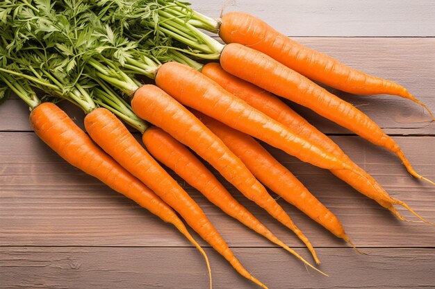 Fresh carrot harvest arranged in an appealing bunch on wooden table