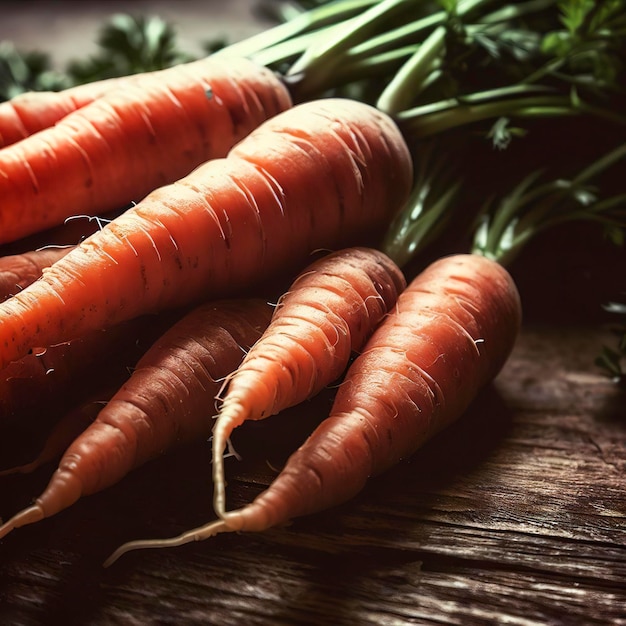 Fresh carrots on a rustic wooden table