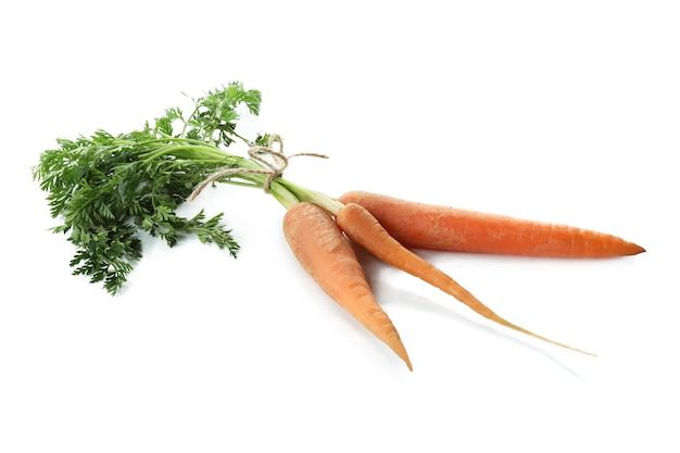 Fresh carrots tied with rope isolated on white isolated background