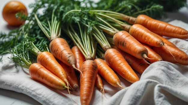 Fresh carrots with green tops on cloth