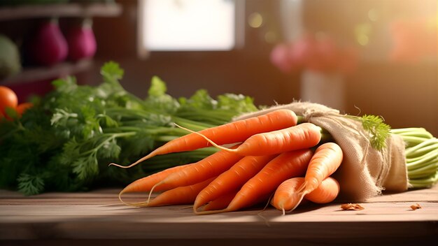 Photo fresh carrots on a wooden table in the kitchen closeup healthy food ai generative