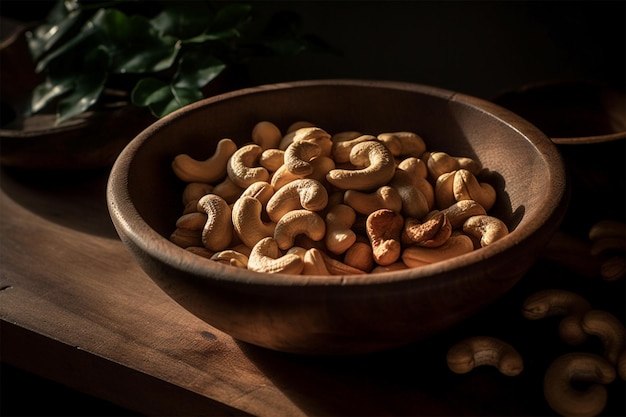 Fresh cashew nuts in a small wooden plate