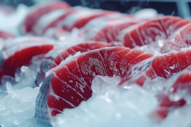 Fresh caught Tuna fish on ice at wet market or seafood shop Northern ocean fishery fishing industry