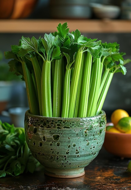 Photo fresh celery in bowl on wooden table