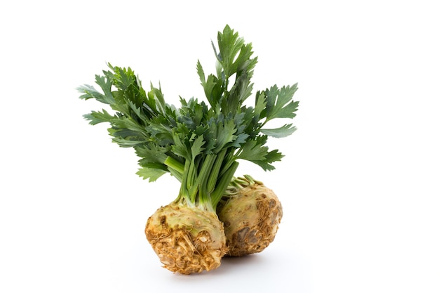 Fresh celery root with leaf isolated on white background.