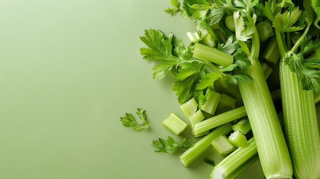 A fresh celery stalk surrounded by some celery slices