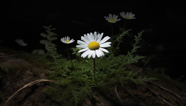 Photo fresh chamomile blossom in green meadow surrounded by yellow daisies generated by artificial intelligence