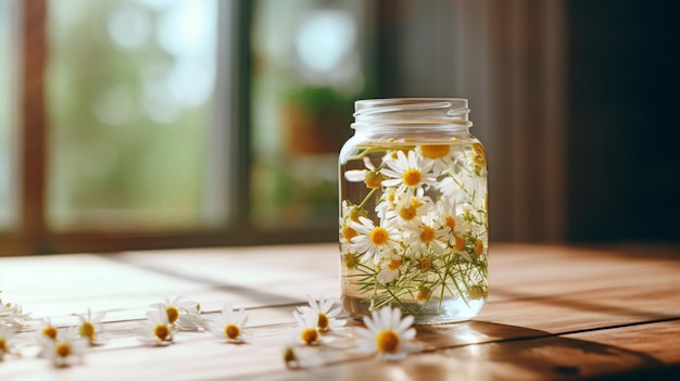 Foto fiore di camomilla fresco in un barattolo di vetro su un tavolo di legno