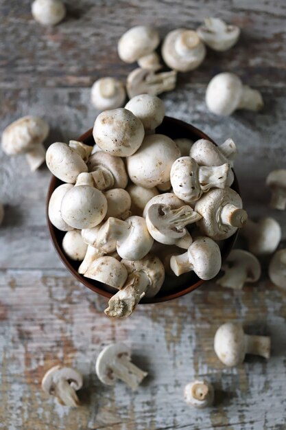 Fresh champignon mushrooms in a bowl. Raw mushrooms. Selective focus. 