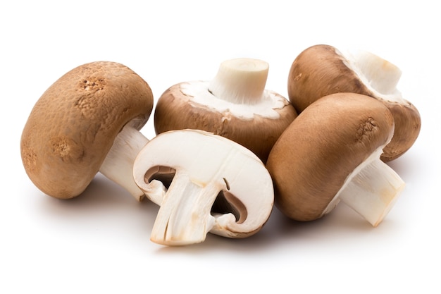 Fresh champignon mushrooms isolated on white.