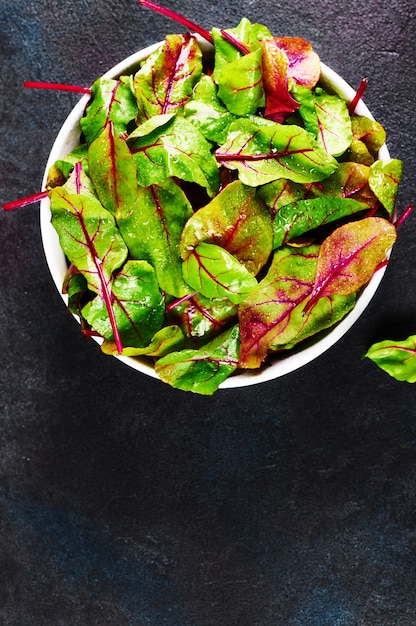 Fresh chard in a bowl on a concrete background