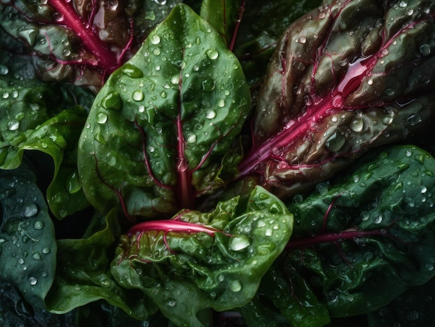 Fresh chard with water drops Close up