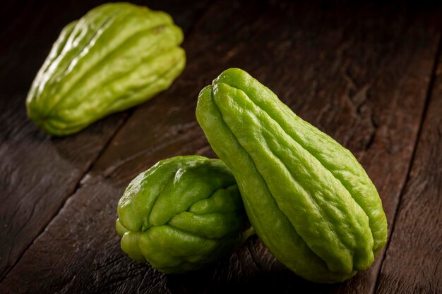 Fresh chayote fruits on the table