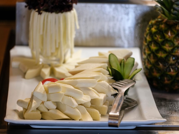 Fresh cheeses for breakfast at a hotel buffet