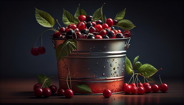 Fresh cherries and black cherries in a metal bucket on a black backgroundgenerative ai