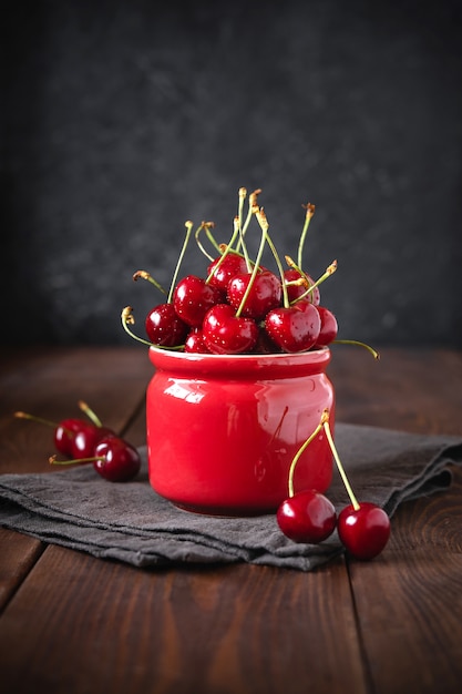 Fresh Cherries in a bowl on wooden table