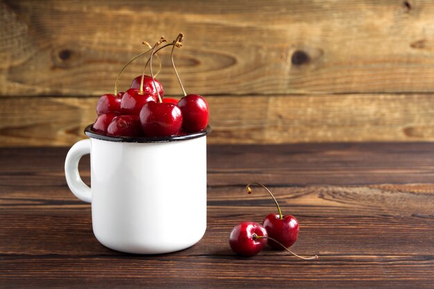 Fresh cherries in a mug