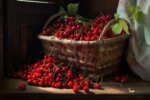 Fresh cherries piled high in a rustic basket created with generative ai