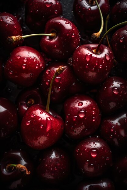 Fresh Cherries seamless background adorned with glistening droplets of water