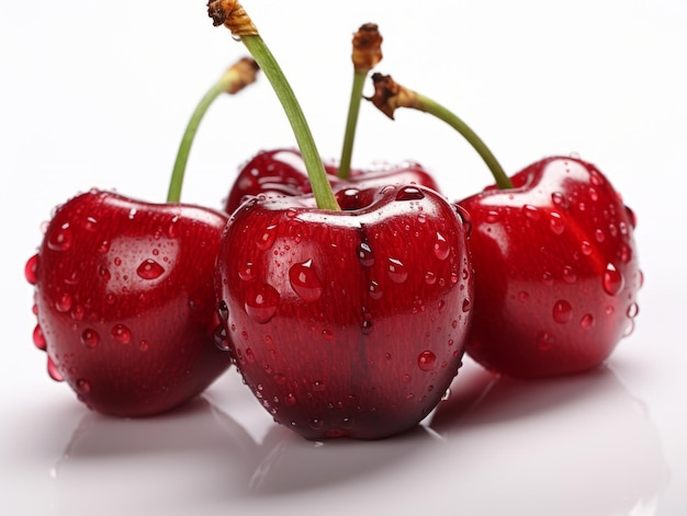 Fresh cherries on white background adorned with glistening dew